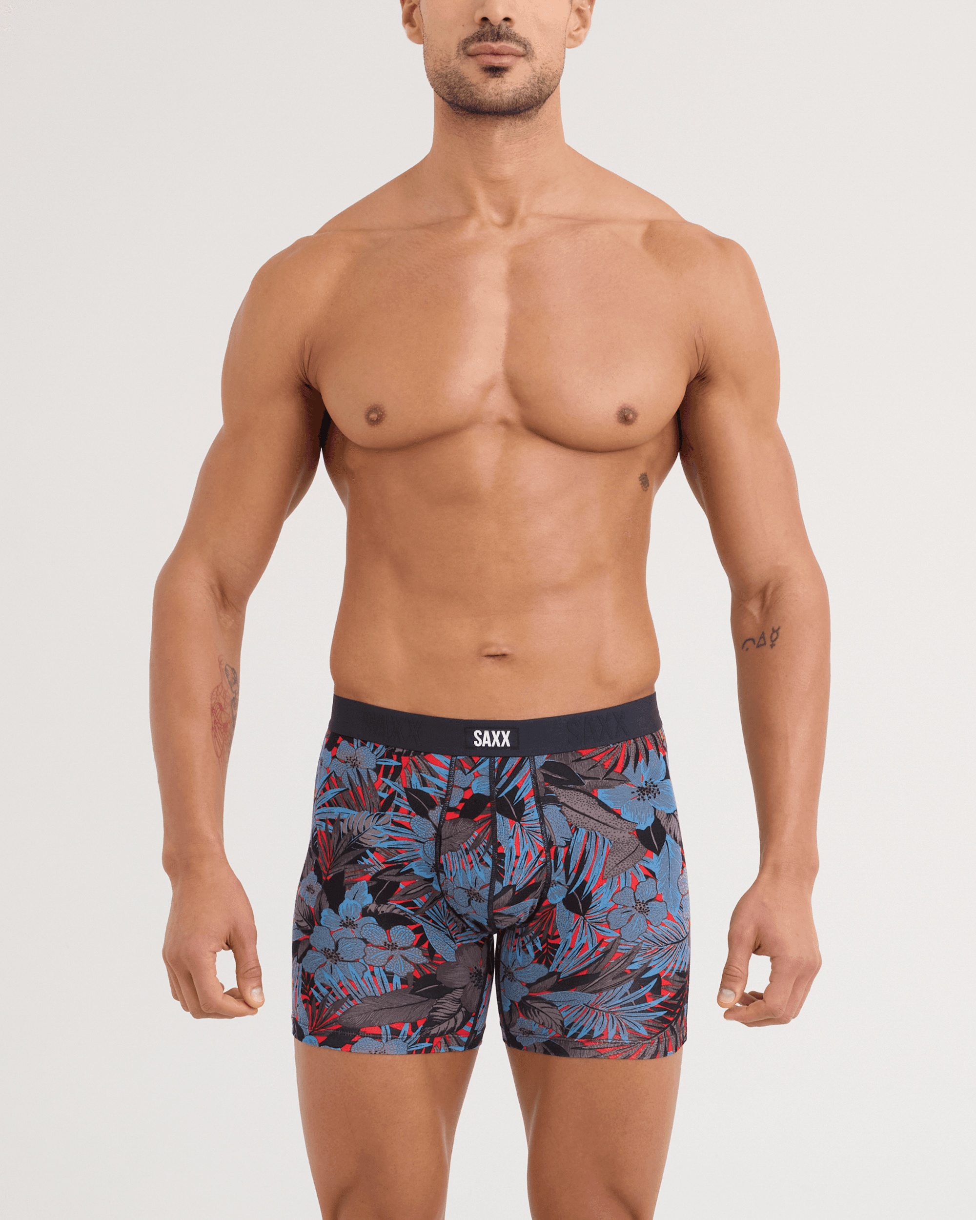 Front - Model wearing Vibe Xtra Soft Comfort Boxer Brief in Night Garden-Red Hot
