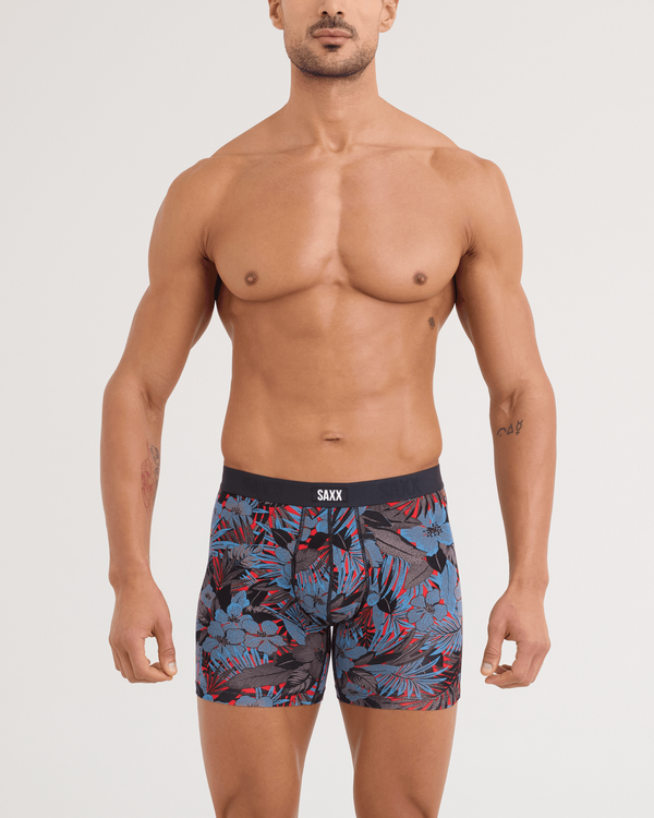 Front - Model wearing Vibe Xtra Soft Comfort Boxer Brief in Night Garden-Red Hot