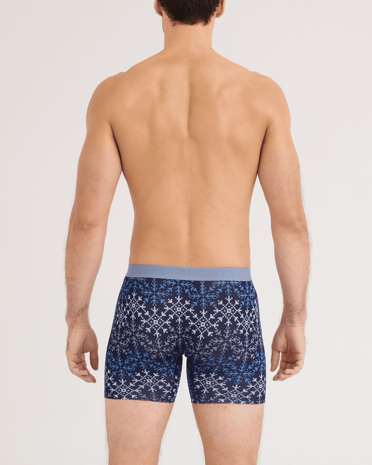 Back - Model wearing Vibe Xtra Soft Comfort Boxer Brief 2 Pack in Snowflake Chevron/Maritime