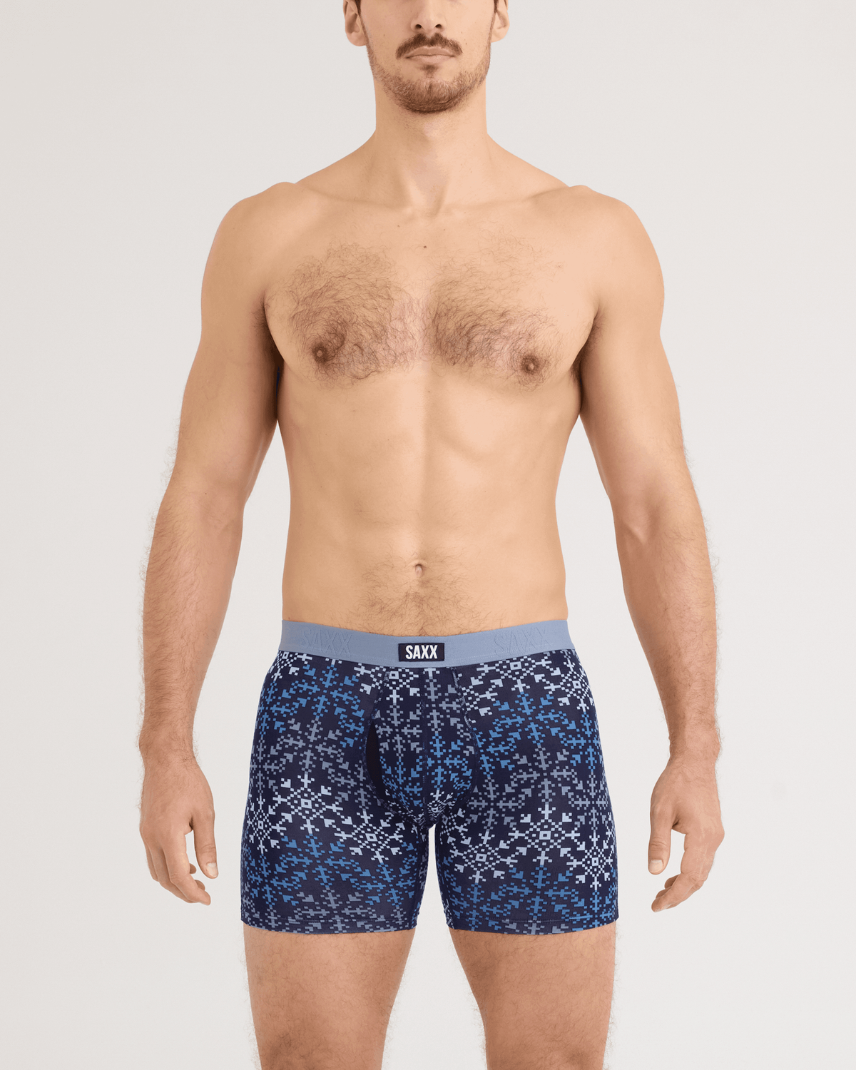 Front - Model wearing Vibe Xtra Soft Comfort Boxer Brief 2 Pack in Snowflake Chevron/Maritime