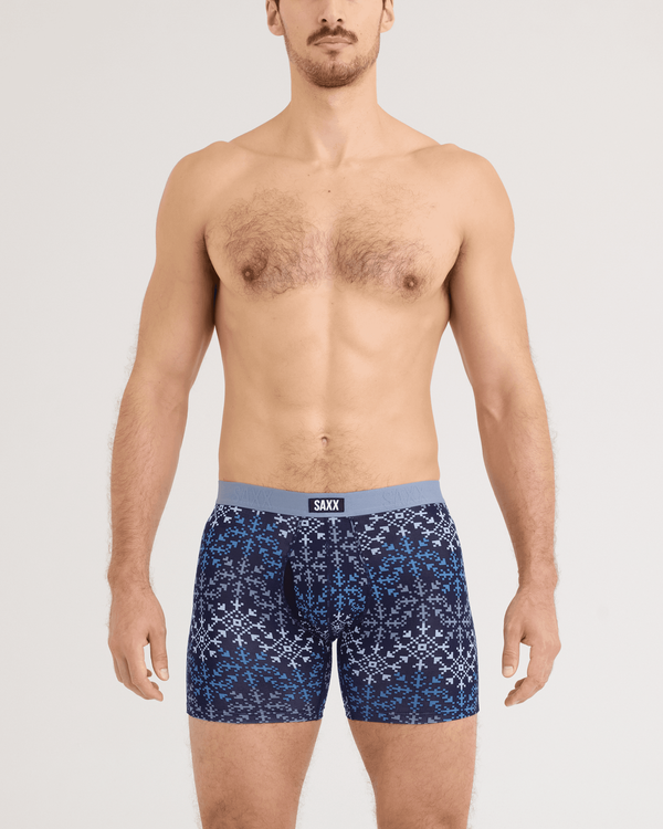 Front - Model wearing Vibe Xtra Soft Comfort Boxer Brief 2 Pack in Snowflake Chevron/Maritime