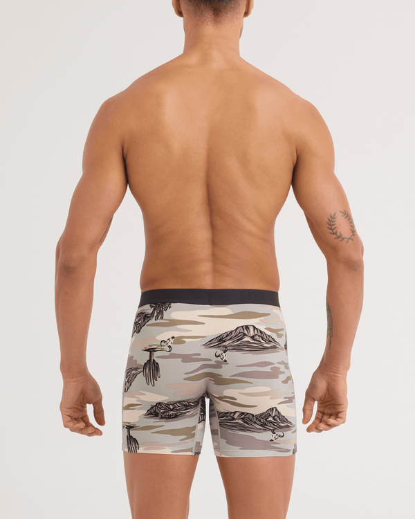Back - Model wearing Vibe Xtra Soft Comfort Boxer Brief in Scenic Desert-Neutral Grey