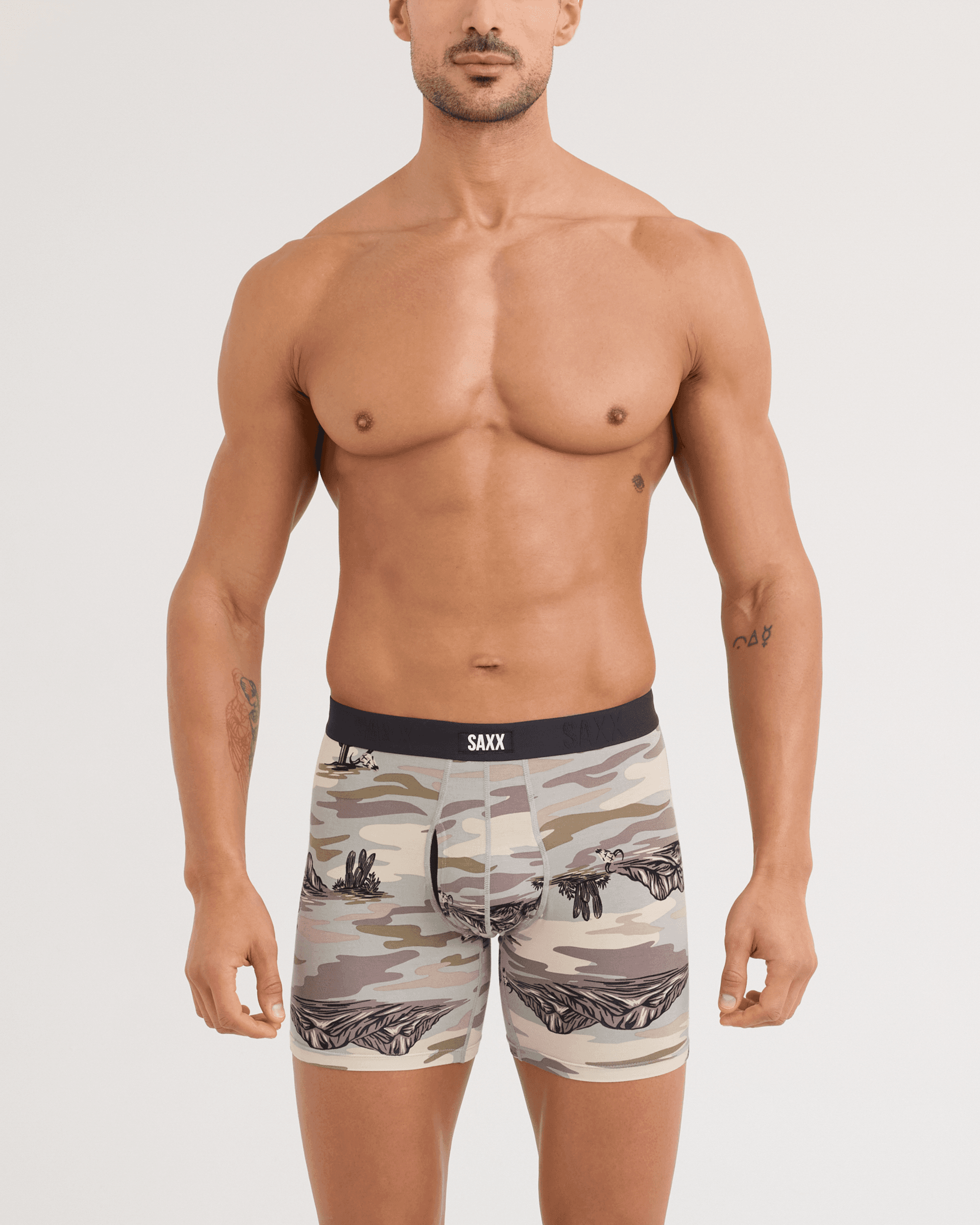 Front - Model wearing Vibe Xtra Soft Comfort Boxer Brief in Scenic Desert-Neutral Grey