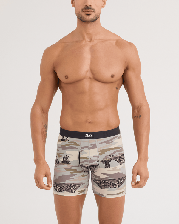 Front - Model wearing Vibe Xtra Soft Comfort Boxer Brief in Scenic Desert-Neutral Grey