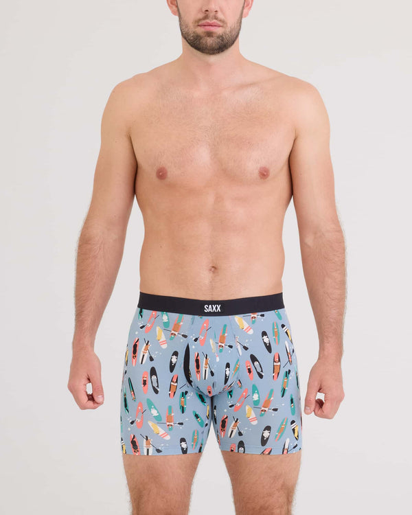 Front - Model wearing Vibe Xtra Boxer Brief in Sup Dogs-Ashley Blue