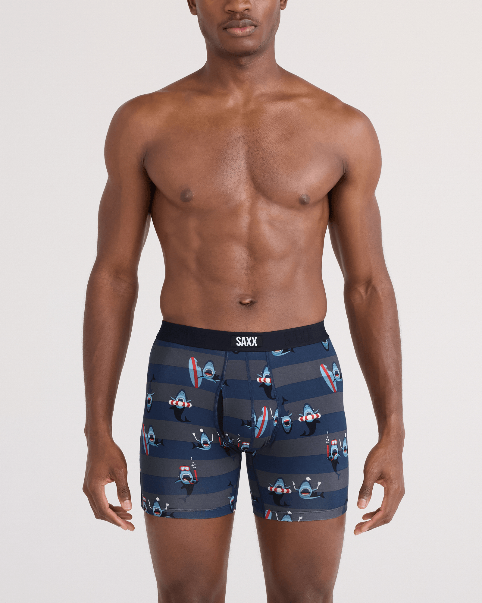 Front - Model wearing  Vibe Xtra Soft Comfort Boxer Brief Fly in Shark Bite-Navy