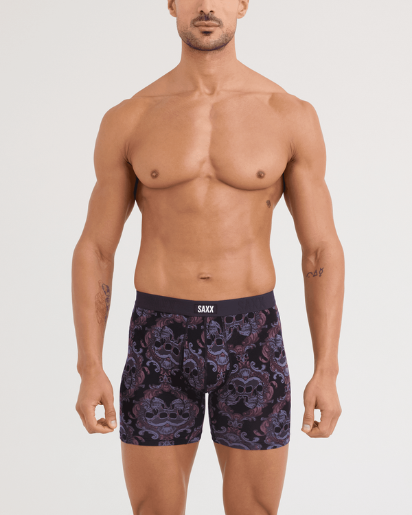 Front - Model wearing Vibe Xtra Soft Comfort Boxer Brief in Skull Brocade-Black