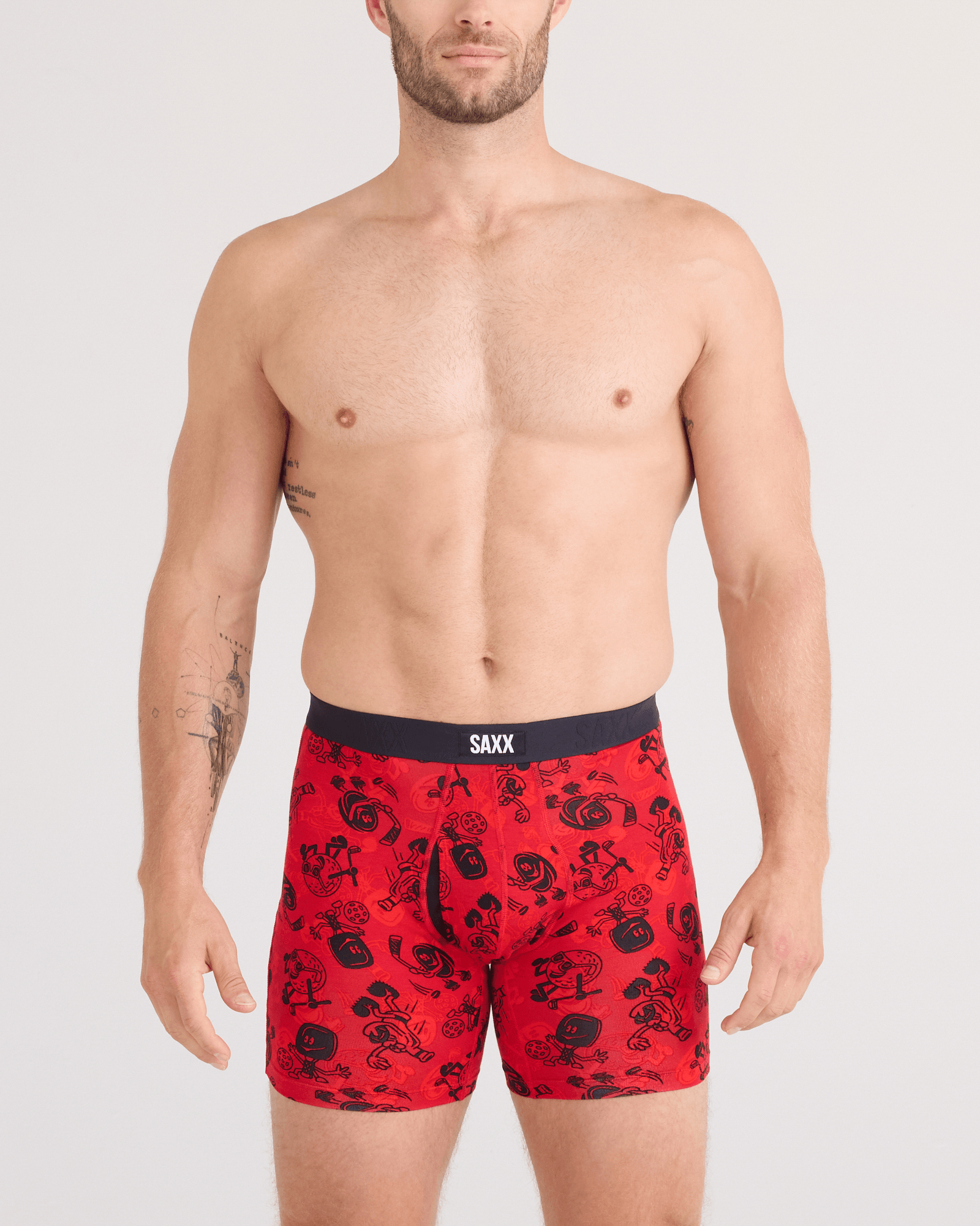 Front - Model wearing  Vibe Xtra Soft Comfort Boxer Brief Fly in Sloshed Ball-Cherry