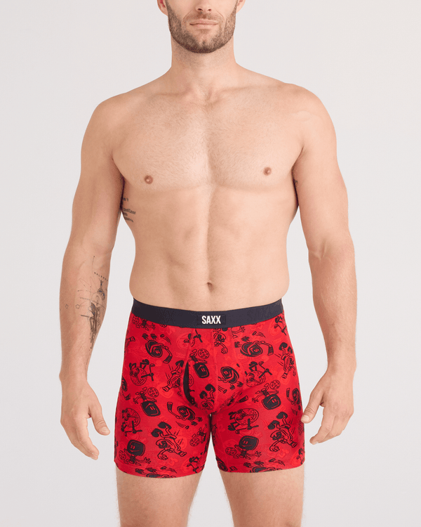 Front - Model wearing  Vibe Xtra Soft Comfort Boxer Brief Fly in Sloshed Ball-Cherry