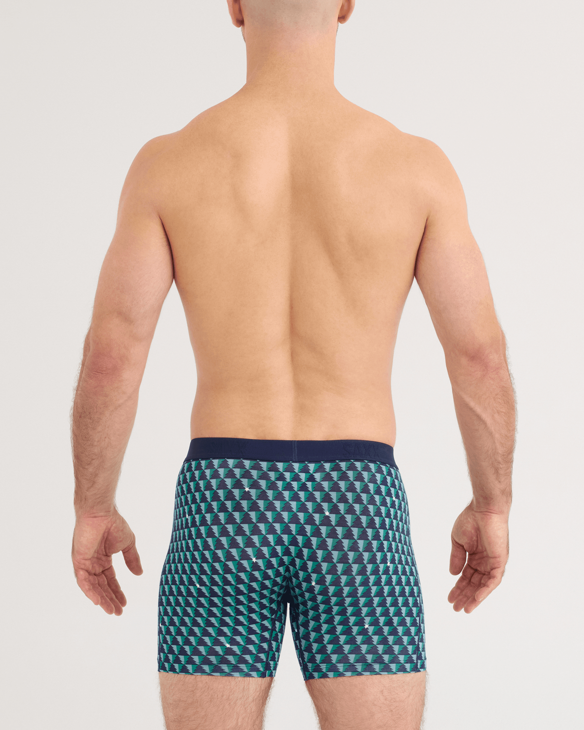 Back - Model wearing Vibe Xtra Soft Comfort Boxer Brief in Tree Farm-Ivy Green