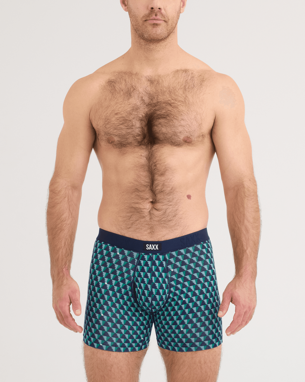 Front - Model wearing Vibe Xtra Soft Comfort Boxer Brief in Tree Farm-Ivy Green