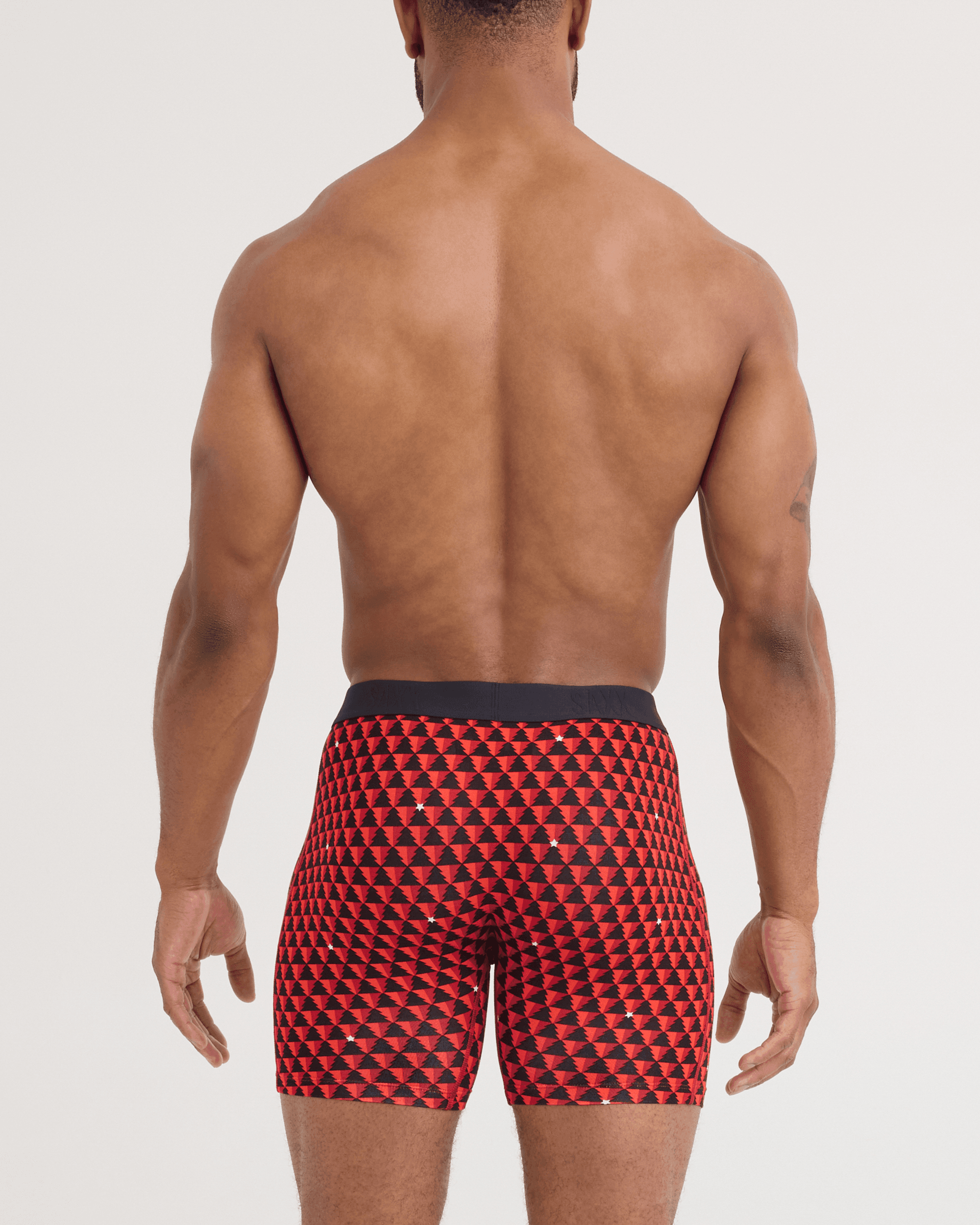 Back - Model wearing Vibe Xtra Soft Comfort Boxer Brief 3 Pack in Tree Farm/Mini Stripe/Black