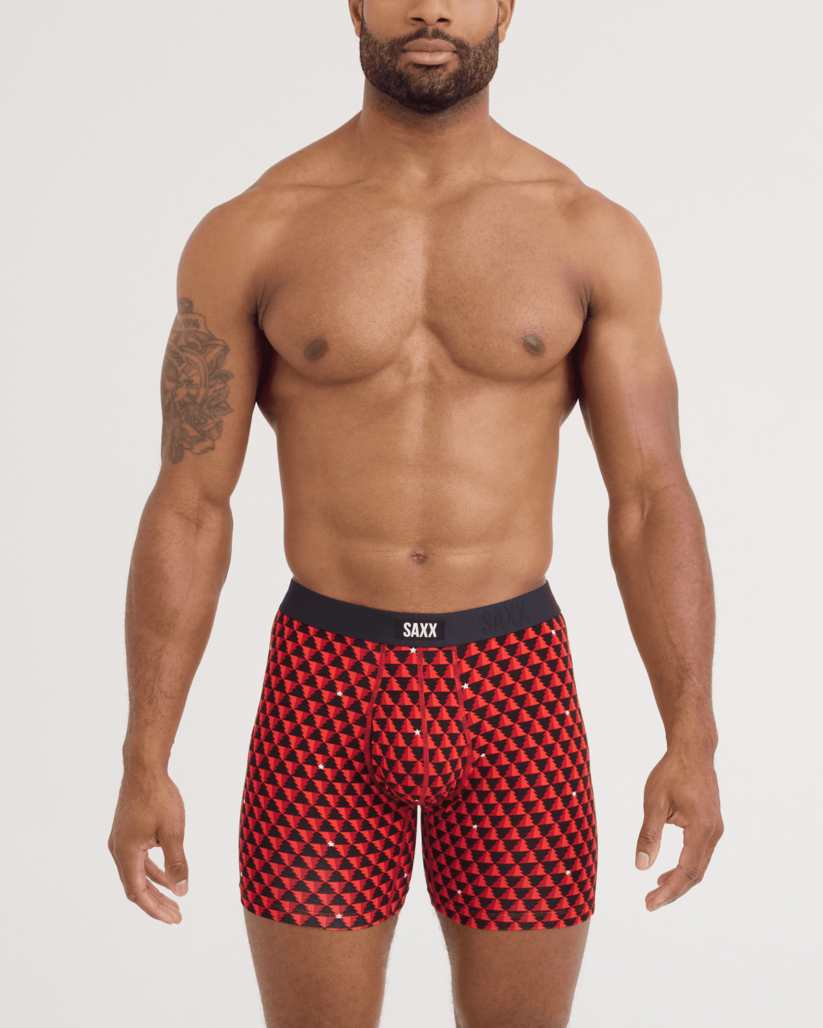 Front - Model wearing Vibe Xtra Soft Comfort Boxer Brief 3 Pack in Tree Farm/Mini Stripe/Black
