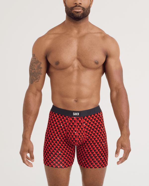 Front - Model wearing Vibe Xtra Soft Comfort Boxer Brief 3 Pack in Tree Farm/Mini Stripe/Black